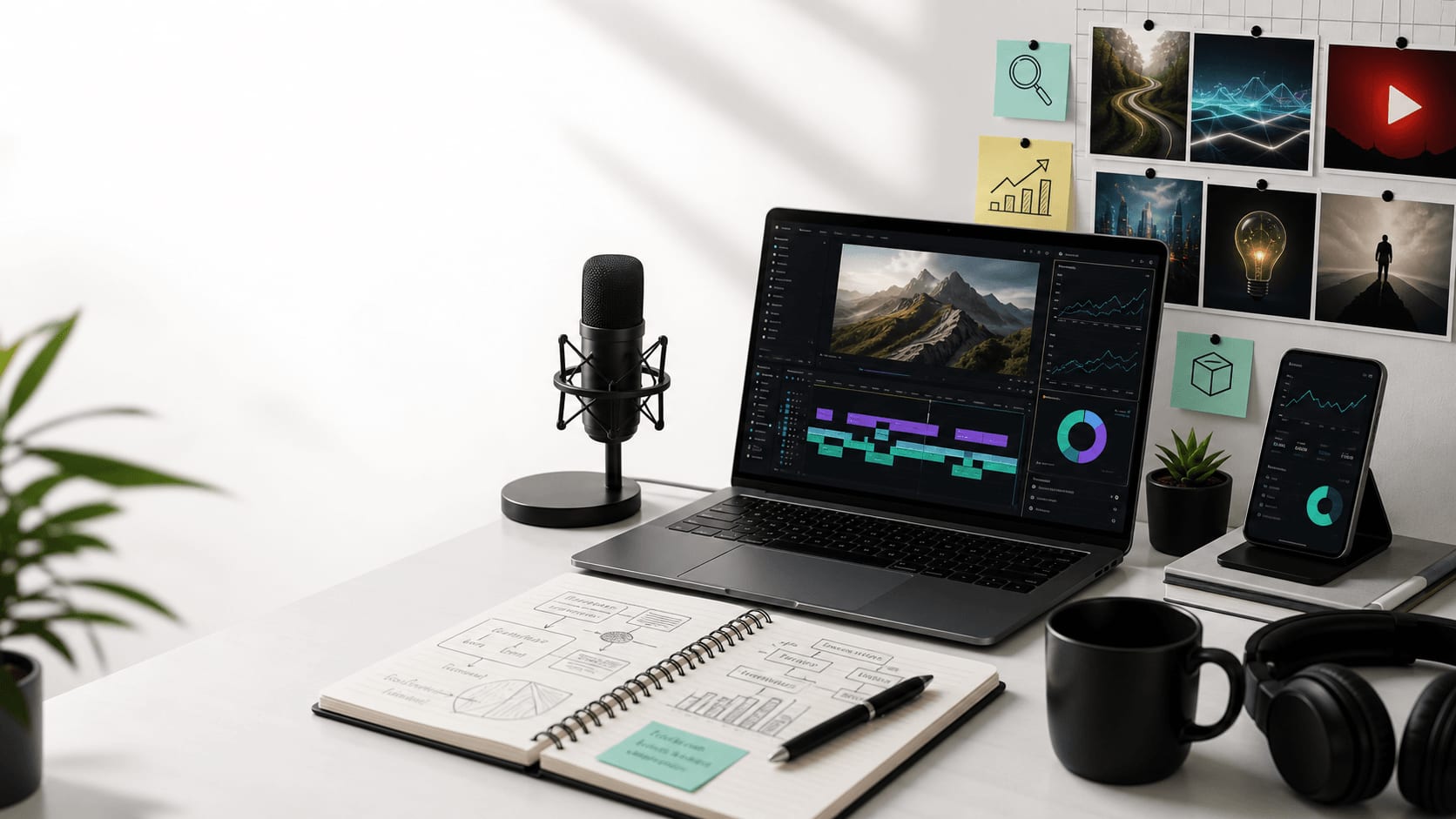 Faceless creator studio desk with editing timeline, microphone, thumbnails, and analytics